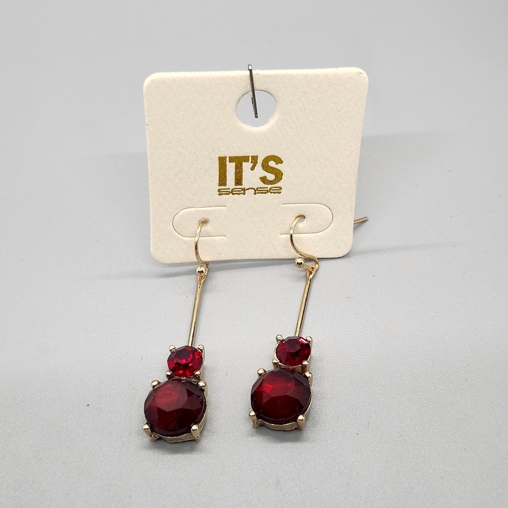 IT'S Sense Dangle Earrings 1.75" L Gold Tone Red Rhinestone Fashion Jewelry